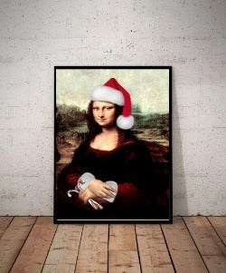 Williamsmugstore Mona Lisa in santas hat   Print, Original Oil Painting  de vinci Portrait Poster, altered mona lisa ,print Vintage Wall Art, Unique Gift
