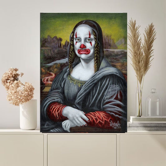 Williamsmugstore Mona Lisa  with clown painting  Print, jpeg,png  printable Original Oil Painting Cat Portrait Poster, Vintage Wall Art, Unique Gift