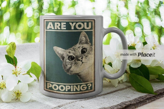 Williamsmugstore pooping cat mug  ,retro cat tabby grey cat