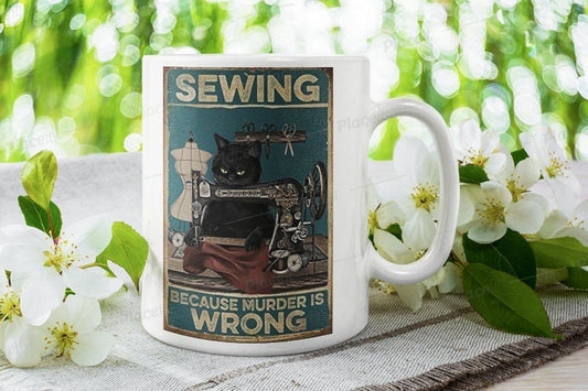 Williamsmugstore sewing beacuse murder is wrong ,retro black cat ,smoking black cat,Black Cat coffee, cat lover Gifts ,gift for cat owner