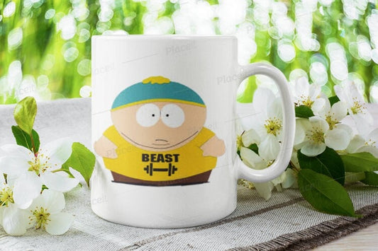 Williamsmugstore southpark  cartman wearing  beast t shirt  ,90s animated cartoon ,southpark mug gift,11oz coffee mug, southpark cup