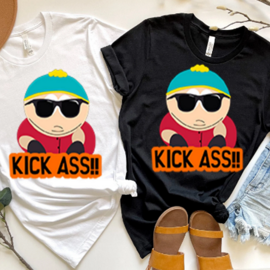 Williamsmugstore southpark shirt size / Black eric cartman - kick ass t shirt , animated cartoon,90s t shirt