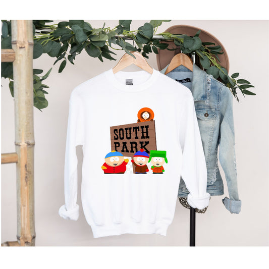 Williamsmugstore Sweatshirt, white / s southpark sweatshirt,southpark characters next to a sign