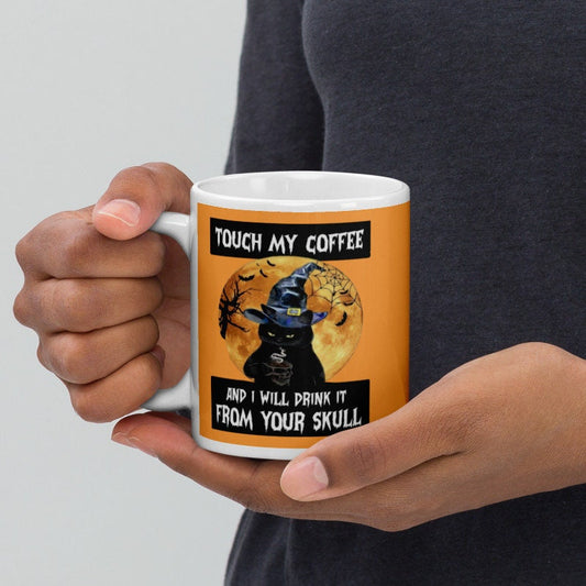 Williamsmugstore touch my coffee and i will drink it from your skull ,retro black cat wearing witches hat ,smoking black cat,Black Cat coffee, cat Gifts