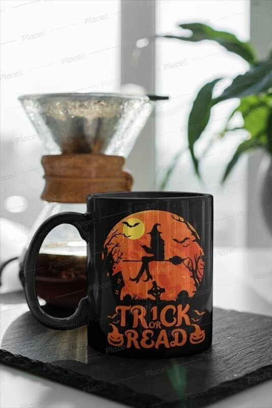Williamsmugstore trick or read halloween mug ,halloween witch on broom - handmade ceramic pumpkin mug.halloween witch mug
